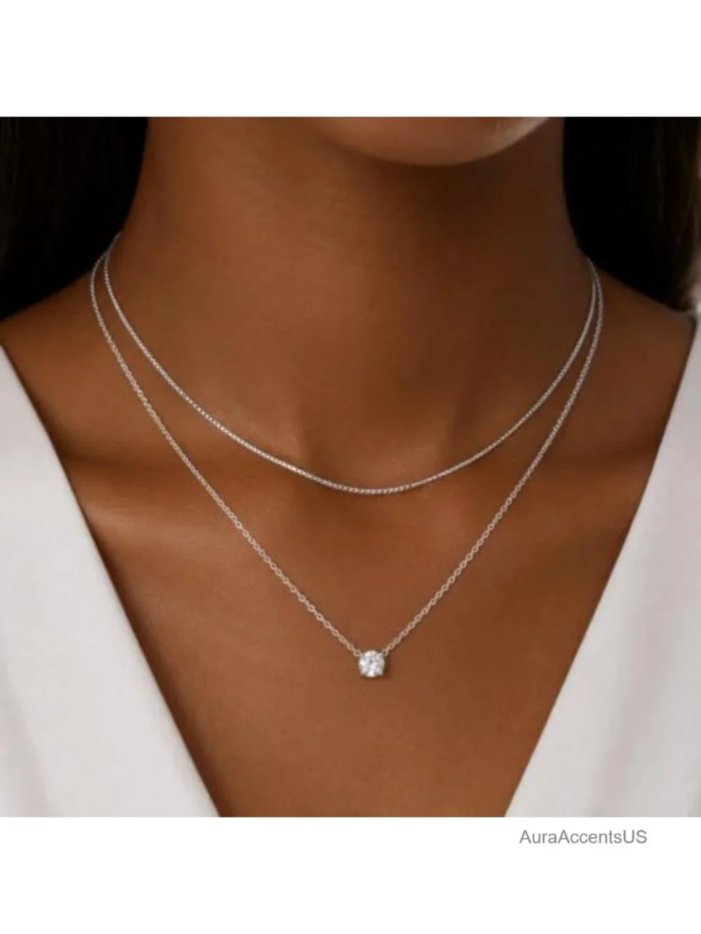 14K Gold Silver Plated Layered Necklace Set for Women, Cubic Zirconia Pendant,